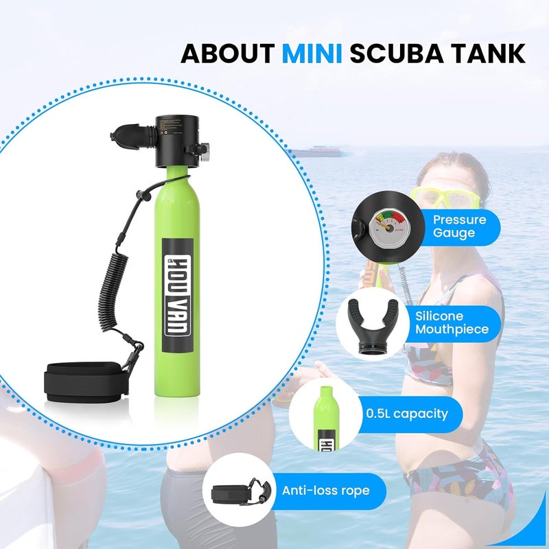 HOUVAN Store Mini Scuba Tank with Snorkel Mask 0.5L Inflatable Diving Tank with Full Face Diving Mask Pony Bottle Backup Diving Air Tank Suits for Recreational Snorkeling Shallow Diving - Image 4